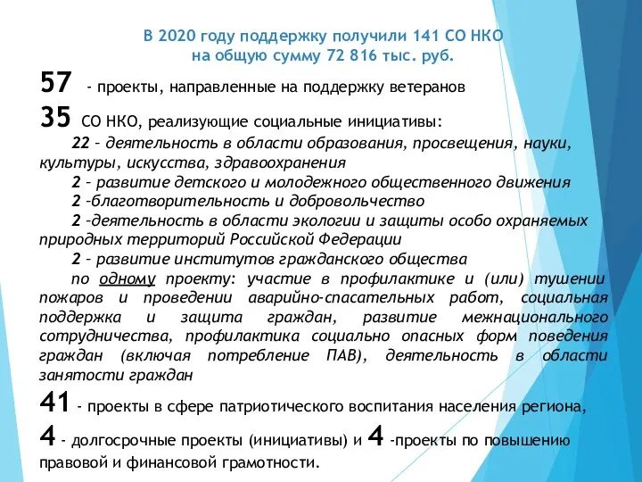 В 2020 году поддержку получили 141 СО НКО на общую