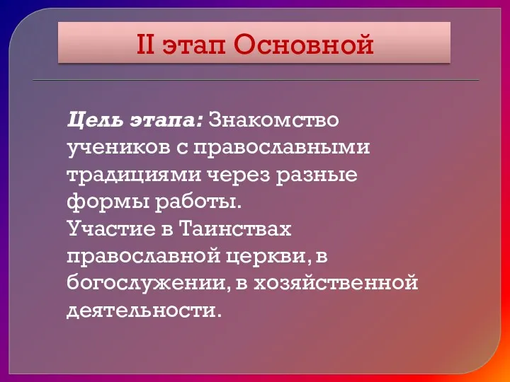 II этап Основной Цель этапа: Знакомство учеников с православными традициями через разные формы