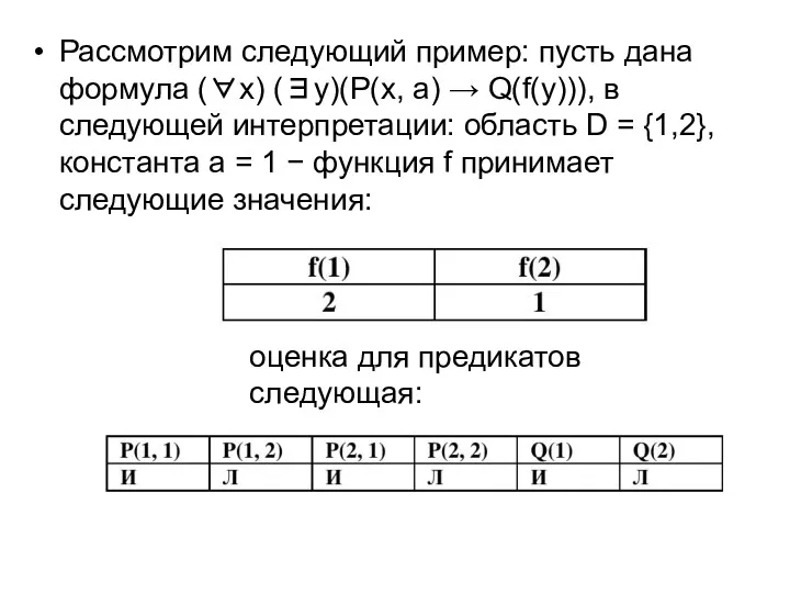 Рассмотрим следующий пример: пусть дана формула (∀x) (∃y)(P(x, a) →