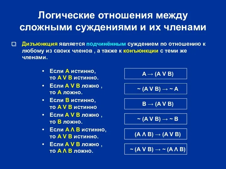 Логические отношения между сложными суждениями и их членами Дизъюнкция является