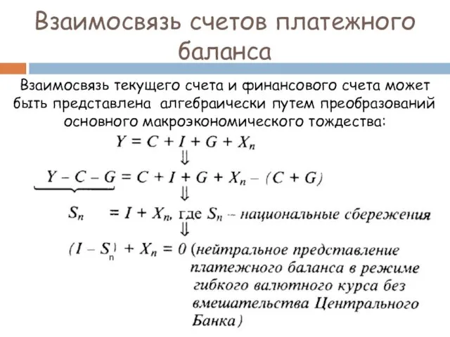 Взаимосвязь счетов платежного баланса Взаимосвязь текущего счета и финансового счета