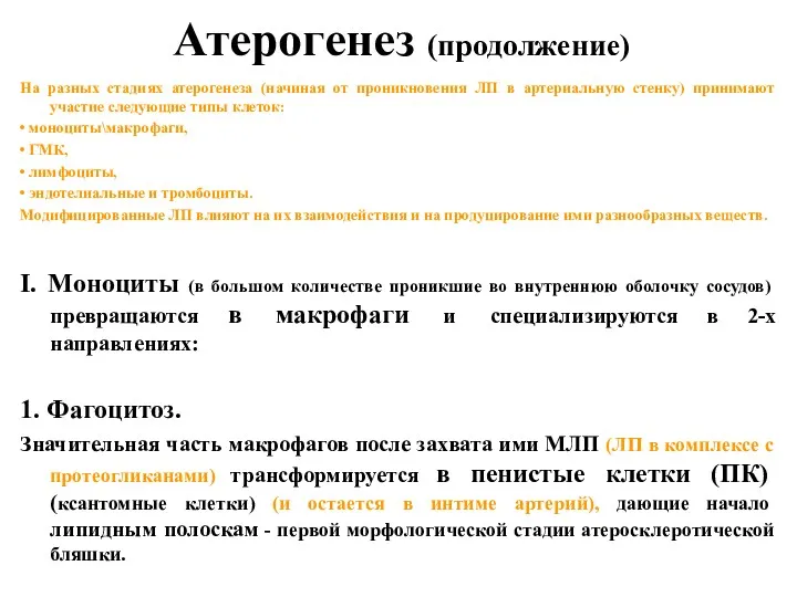 Атерогенез (продолжение) На разных стадиях атерогенеза (начиная от проникновения ЛП