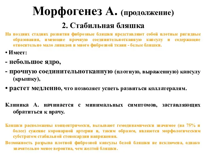 Морфогенез А. (продолжение) 2. Стабильная бляшка На поздних стадиях развития фиброзные бляшки представляют