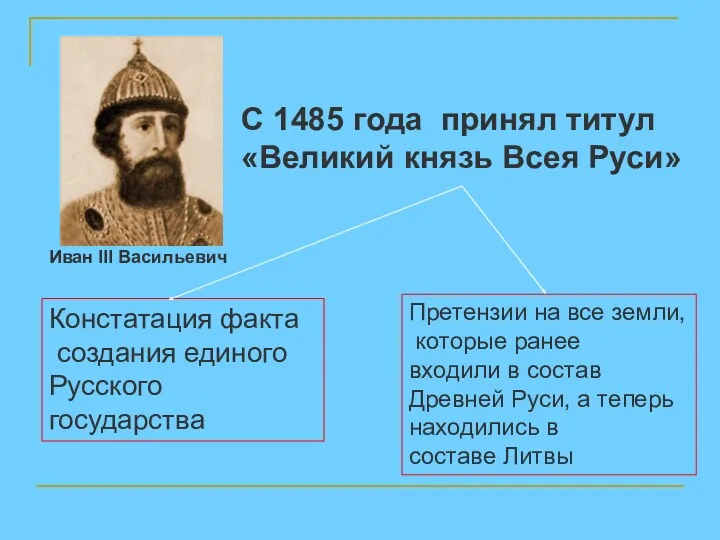 С 1485 года принял титул «Великий князь Всея Руси» Констатация
