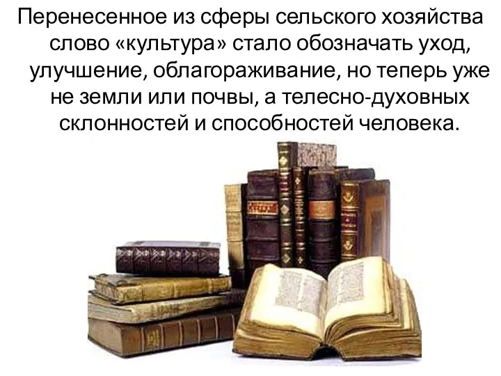 Перенесенное из сферы сельского хозяйства слово «культура» стало обозначать уход,