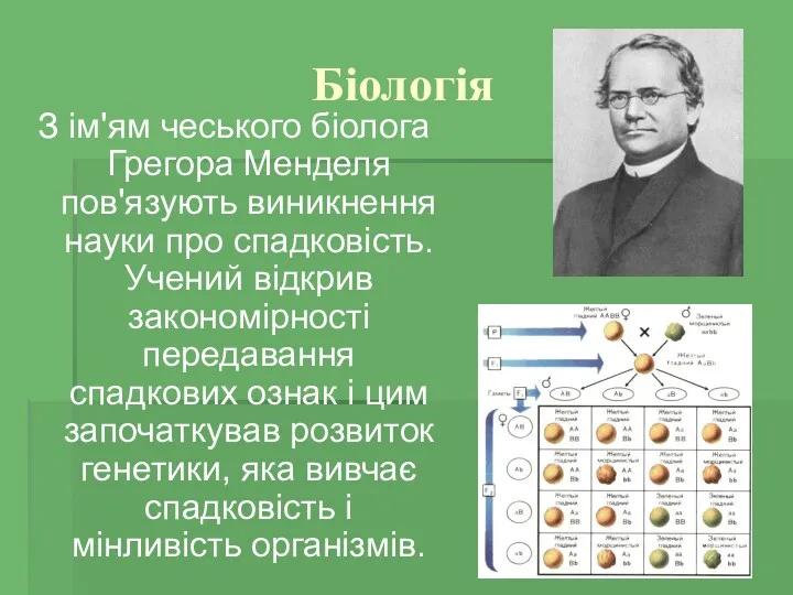 Біологія З ім'ям чеського біолога Грегора Менделя пов'язують виникнення науки