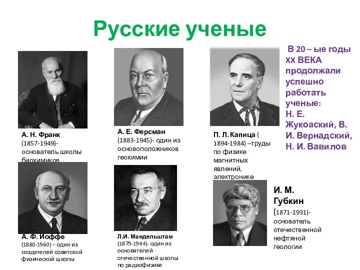 Русские ученые А. Н. Франк (1857-1949)- основатель школы биохимиков А.