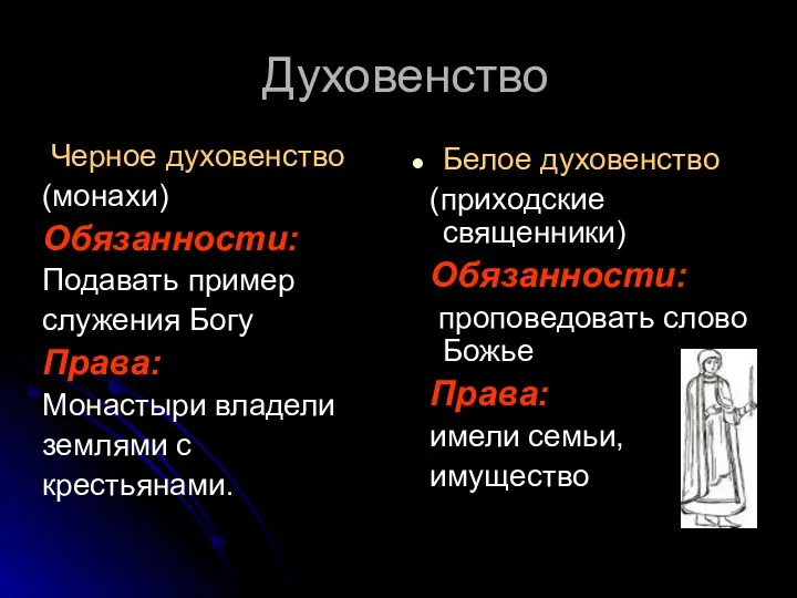 Духовенство Черное духовенство (монахи) Обязанности: Подавать пример служения Богу Права: