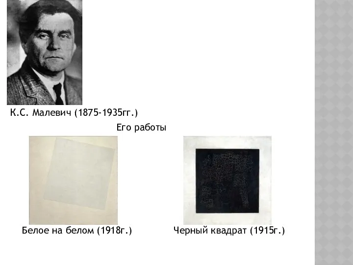 К.С. Малевич (1875-1935гг.) Его работы Белое на белом (1918г.) Черный квадрат (1915г.)