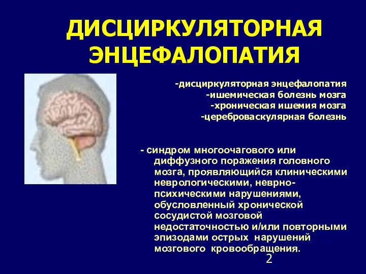 ДИСЦИРКУЛЯТОРНАЯ ЭНЦЕФАЛОПАТИЯ - синдром многоочагового или диффузного поражения головного мозга,