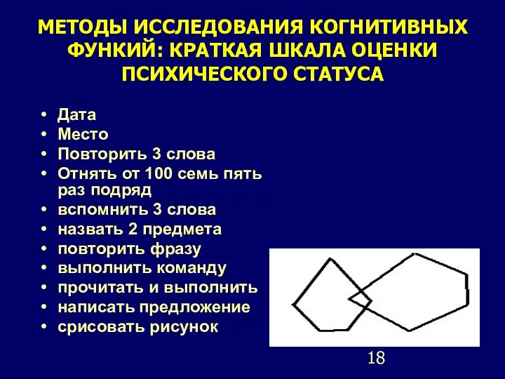 МЕТОДЫ ИССЛЕДОВАНИЯ КОГНИТИВНЫХ ФУНКИЙ: КРАТКАЯ ШКАЛА ОЦЕНКИ ПСИХИЧЕСКОГО СТАТУСА Дата