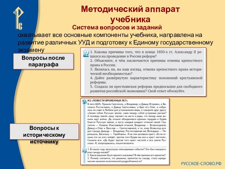 Система вопросов и заданий охватывает все основные компоненты учебника, направлена