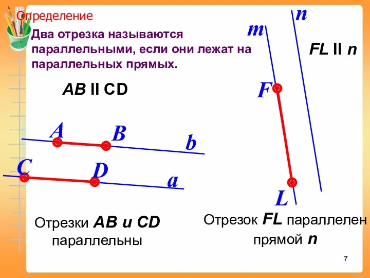 Два отрезка называются параллельными, если они лежат на параллельных прямых.