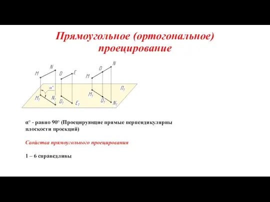 Прямоугольное (ортогональное) проецирование α° - равно 90° (Проецирующие прямые перпендикулярны