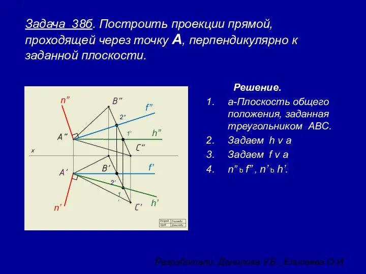 Задача 38б. Построить проекции прямой, проходящей через точку А, перпендикулярно