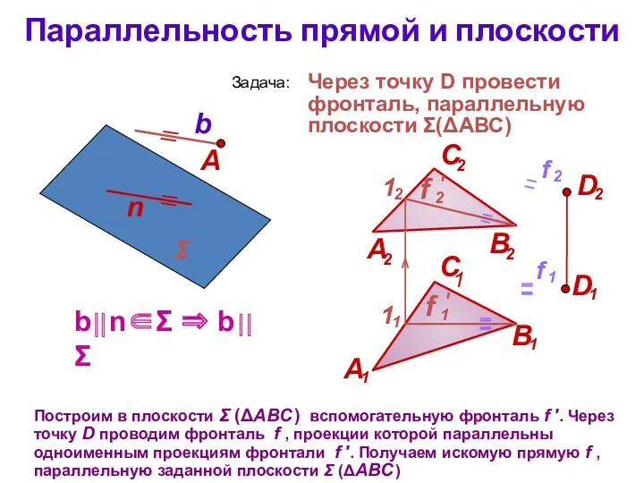 Параллельность прямой и плоскости Построим в плоскости Σ (ΔАВС )