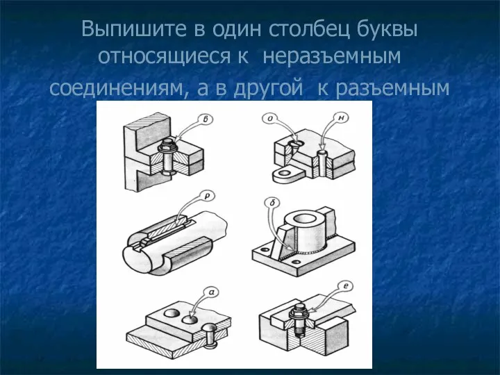 Выпишите в один столбец буквы относящиеся к неразъемным соединениям, а в другой к разъемным