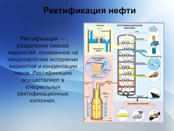 Ректификация нефти Ректификация — разделение смесей жидкостей, основанное на неоднократном испарении жидкостей и
