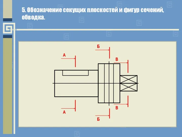 5. Обозначение секущих плоскостей и фигур сечений, обводка. А А Б Б В В