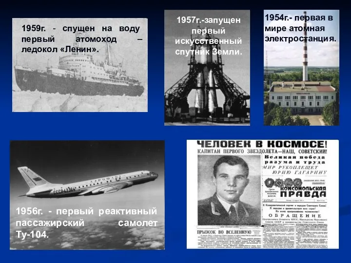 1954г.- первая в мире атомная электростанция. 1957г.-запущен первый искусственный спутник Земли. 1959г. -