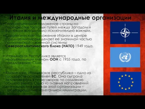 Италия и международные организации Географическое положение страны на перекрестке торговых