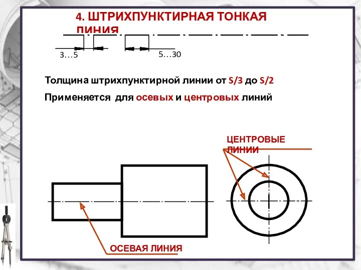 4. ШТРИХПУНКТИРНАЯ ТОНКАЯ ЛИНИЯ 3…5 5…30 Толщина штрихпунктирной линии от