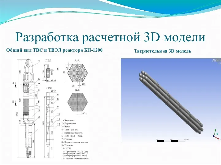 Разработка расчетной 3D модели Общий вид ТВС и ТВЭЛ реактора БН-1200 Твердотельная 3D модель