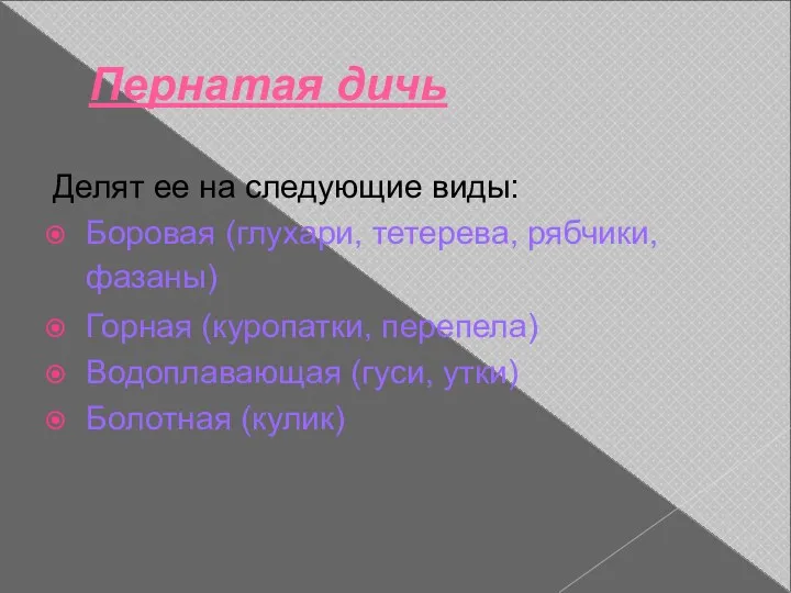 Пернатая дичь Делят ее на следующие виды: Боровая (глухари, тетерева,