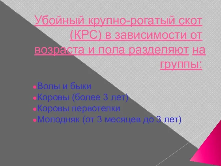 Убойный крупно-рогатый скот(КРС) в зависимости от возраста и пола разделяют