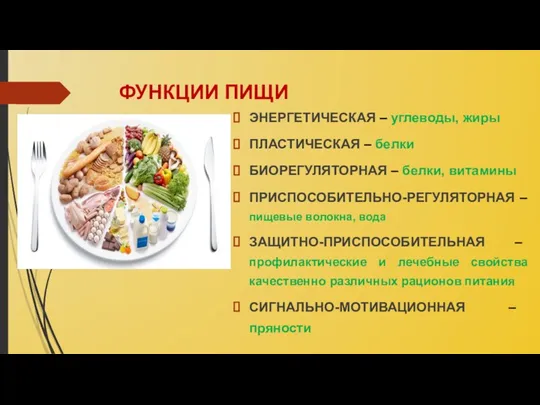 ФУНКЦИИ ПИЩИ ЭНЕРГЕТИЧЕСКАЯ – углеводы, жиры ПЛАСТИЧЕСКАЯ – белки БИОРЕГУЛЯТОРНАЯ