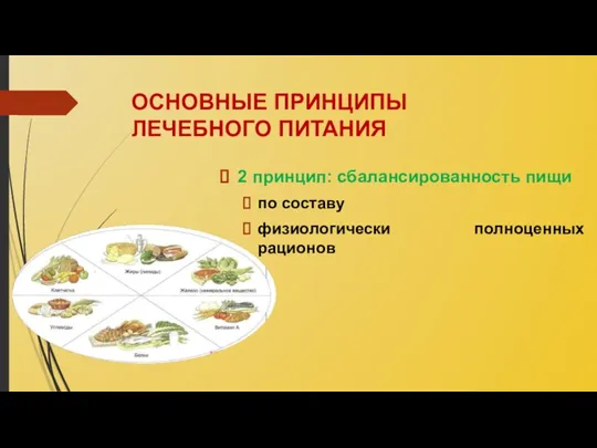 ОСНОВНЫЕ ПРИНЦИПЫ ЛЕЧЕБНОГО ПИТАНИЯ 2 принцип: сбалансированность пищи по составу физиологически полноценных рационов