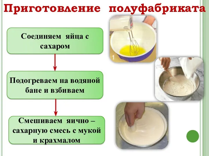 Приготовление полуфабриката Соединяем яйца с сахаром Подогреваем на водяной бане
