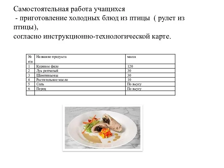 Самостоятельная работа учащихся - приготовление холодных блюд из птицы ( рулет из птицы), согласно инструкционно-технологической карте.