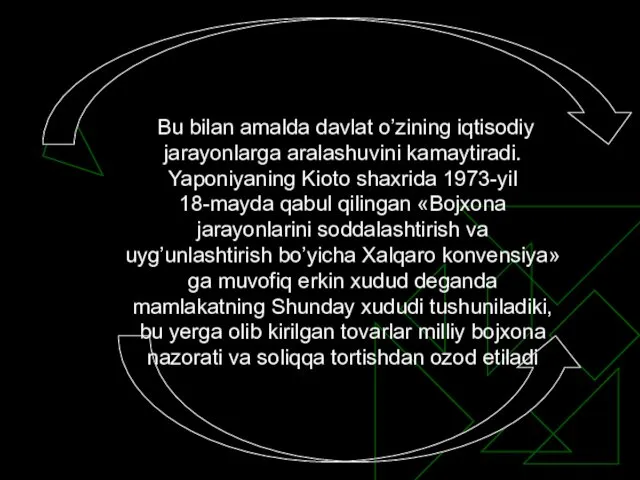 Bu bilan amalda davlat o’zining iqtisodiy jarayonlarga aralashuvini kamaytiradi. Yaponiyaning