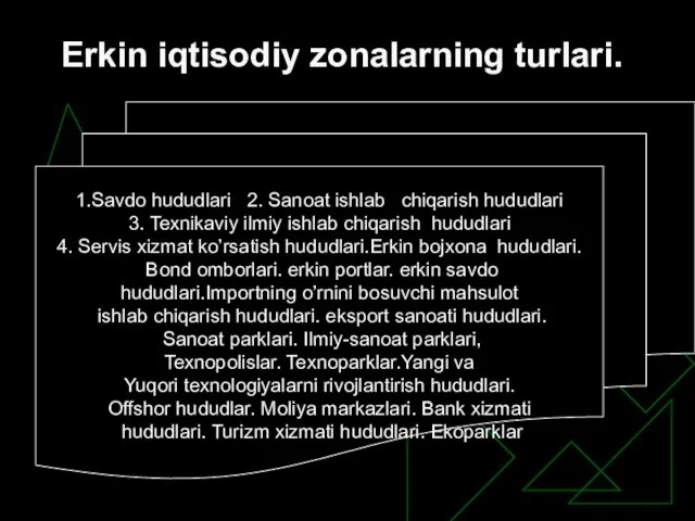 1.Savdo hududlari 2. Sanoat ishlab chiqarish hududlari 3. Texnikaviy ilmiy