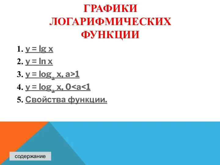 ГРАФИКИ ЛОГАРИФМИЧЕСКИХ ФУНКЦИИ 1. y = lg x 2. y