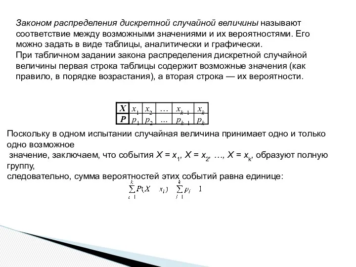 Поскольку в одном испытании случайная величина принимает одно и только