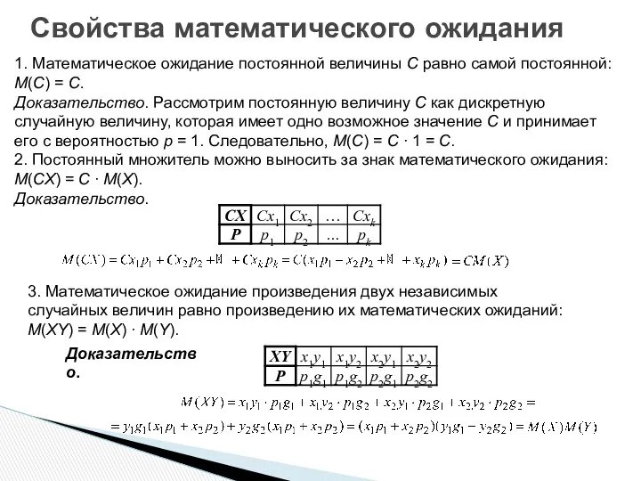 Свойства математического ожидания 1. Математическое ожидание постоянной величины С равно