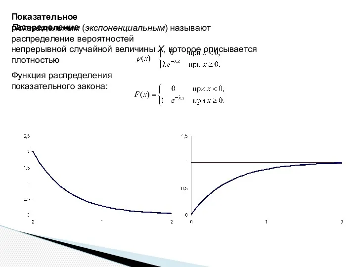 Показательное распределение Показательным (экспоненциальным) называют распределение вероятностей непрерывной случайной величины