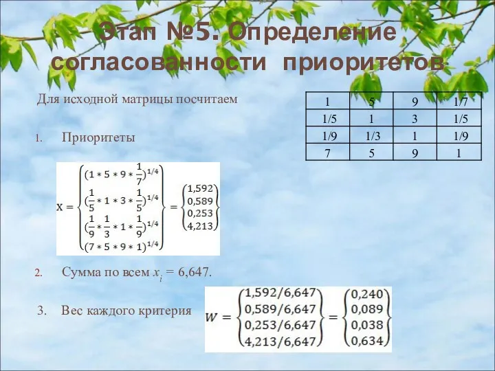 Этап №5. Определение согласованности приоритетов Для исходной матрицы посчитаем Приоритеты