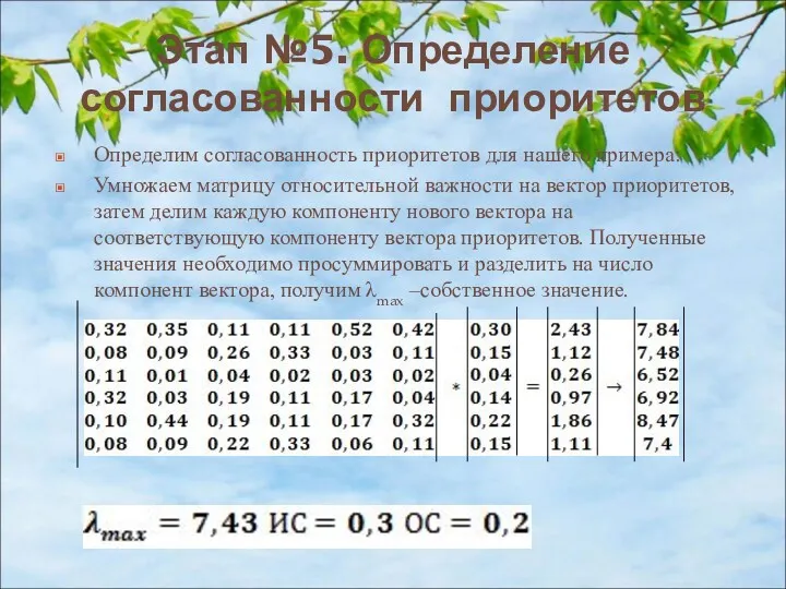 Этап №5. Определение согласованности приоритетов Определим согласованность приоритетов для нашего