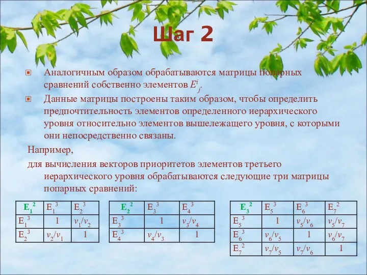 Шаг 2 Аналогичным образом обрабатываются матрицы попарных сравнений собственно элементов