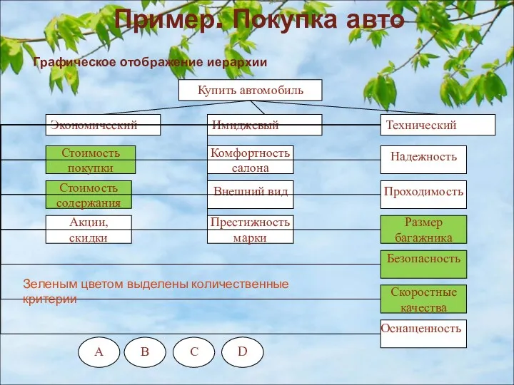 Пример. Покупка авто Зеленым цветом выделены количественные критерии Графическое отображение иерархии