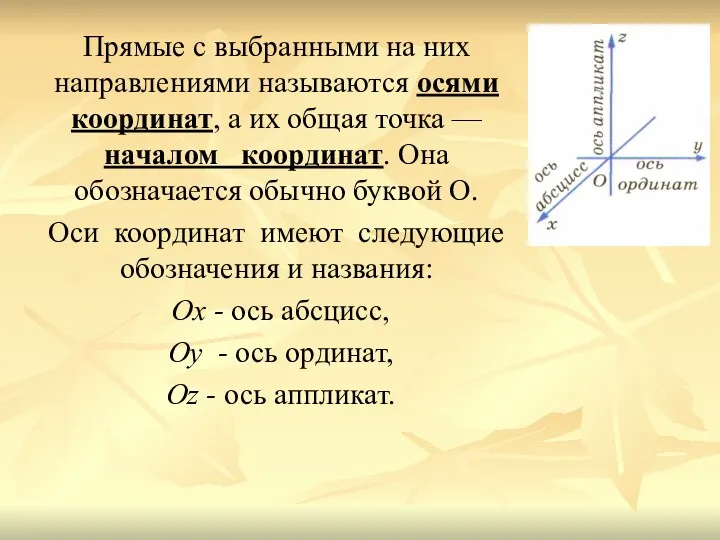 Прямые с выбранными на них направлениями называются осями координат, а