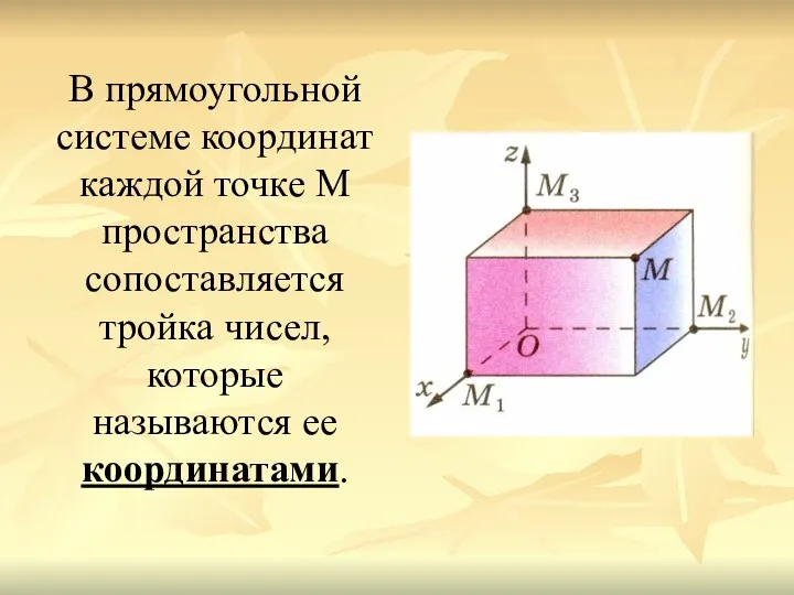 В прямоугольной системе координат каждой точке М пространства сопоставляется тройка чисел, которые называются ее координатами.