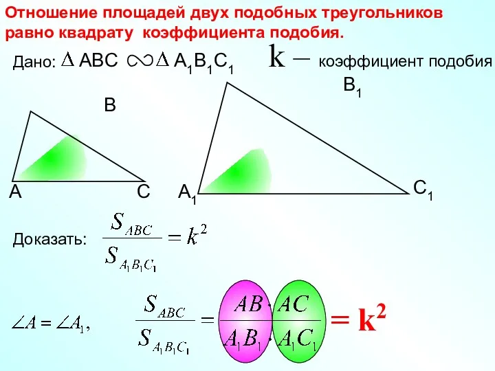 А С С1 В1 А1 Отношение площадей двух подобных треугольников равно квадрату коэффициента