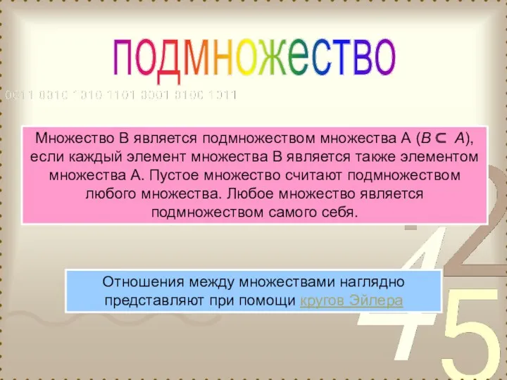 подмножество Множество В является подмножеством множества А (В ⊂ А),