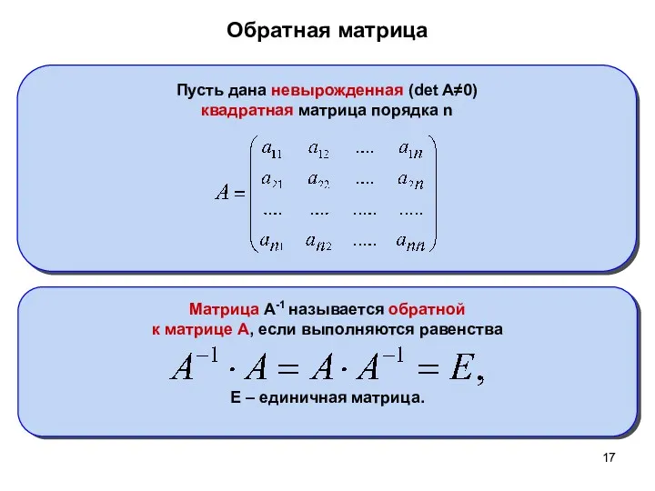 Обратная матрица Пусть дана невырожденная (det A≠0) квадратная матрица порядка