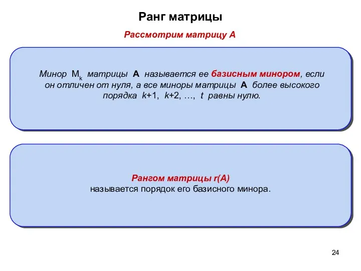 Ранг матрицы Рассмотрим матрицу A Рангом матрицы r(A) называется порядок