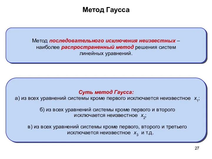 Метод Гаусса Метод последовательного исключения неизвестных – наиболее распространенный метод